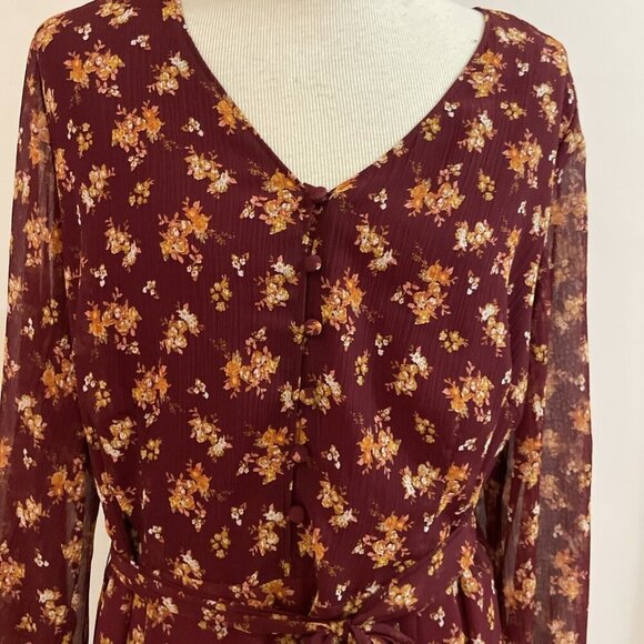 MSK Fit and Flare Dress Womens L Ruby Wine Sheer Micro Floral Fairy Whimsical - Picture 2 of 15